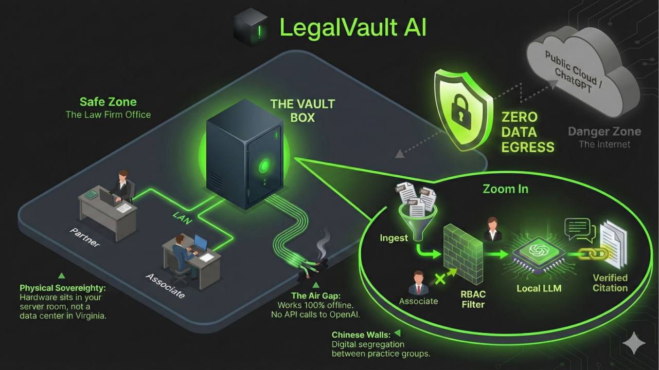 LegalVault AI Air-Gap Architecture Diagram showing the Safe Zone (Law Firm Office) with Partner and Associate connected via LAN to The Vault Box, which processes documents through Ingest, RBAC Filter, Local LLM, and outputs Verified Citations. The Danger Zone (Public Cloud/ChatGPT) is blocked with Zero Data Egress protection.